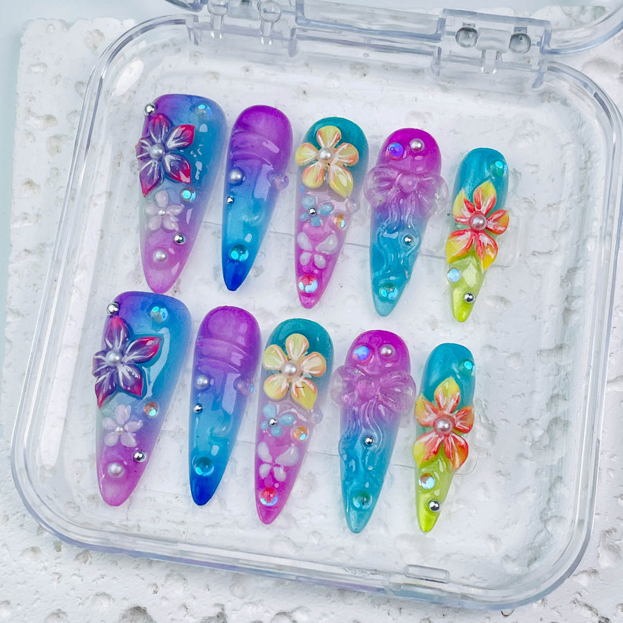 GAGUGAGU Blue Purple Butterfly Stiletto Press-On Nails for Festival Night, Glossy False Nails for Birthday Party, Date Night and Weekend Style, S M L