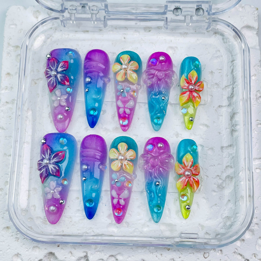 GAGUGAGU Blue Purple Butterfly Stiletto Press-On Nails for Festival Night, Glossy False Nails for Birthday Party, Date Night and Weekend Style, S M L