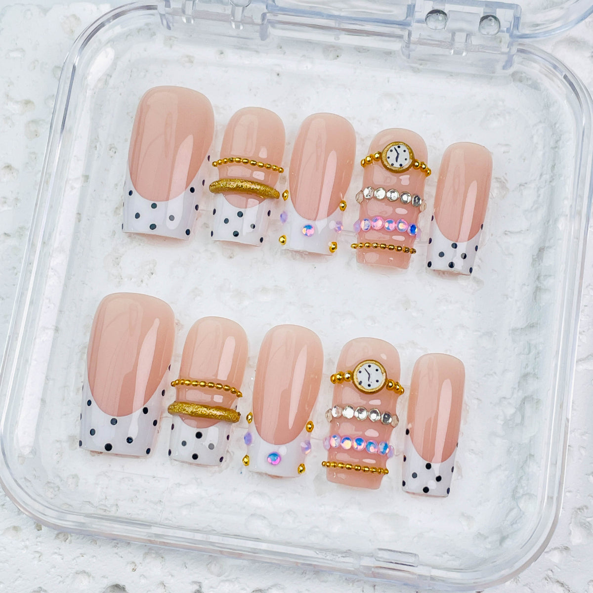 GAGUGAGU Nude Polka Dot Clock Charm Press-On Nails for Birthday Parties, Glossy False Nails for Birthday Party, Date Night and Weekend Style, S M L