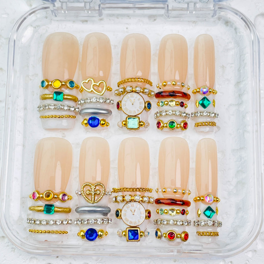 GAGUGAGU White Gold Pearl Press-On Nails for Bridal Events, Glossy False Nails for Birthday Party, Date Night and Weekend Style, S M L