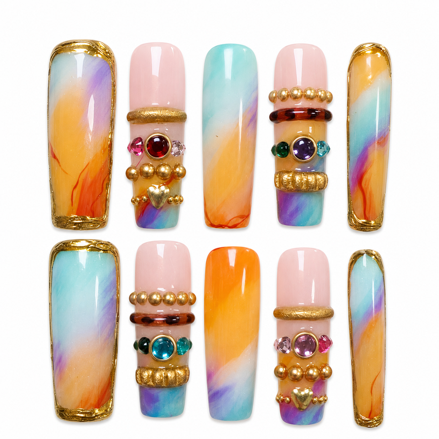 GAGUGAGU Sunset Rainbow French Tip Press-On Nails for Beach Vacation, Glossy False Nails for Birthday Party, Date Night and Weekend Style, S M L