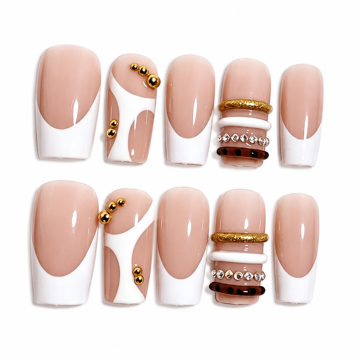GAGUGAGU Nude Pearl Bow and Gold Band Press-On Nails for Date Night, Glossy False Nails for Birthday Party, Date Night and Weekend Style, S M L