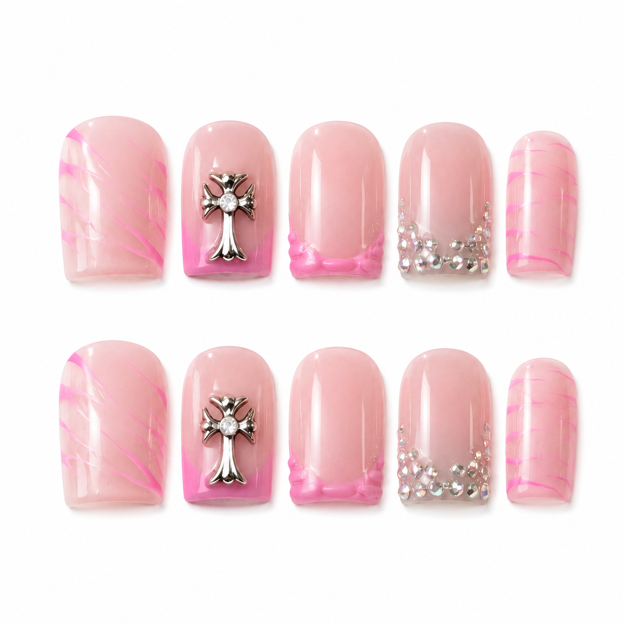 GAGUGAGU Pink Crystal Cross Press-On Nails for Concert Nights, Glossy False Nails for Birthday Party, Date Night and Weekend Style, S M L