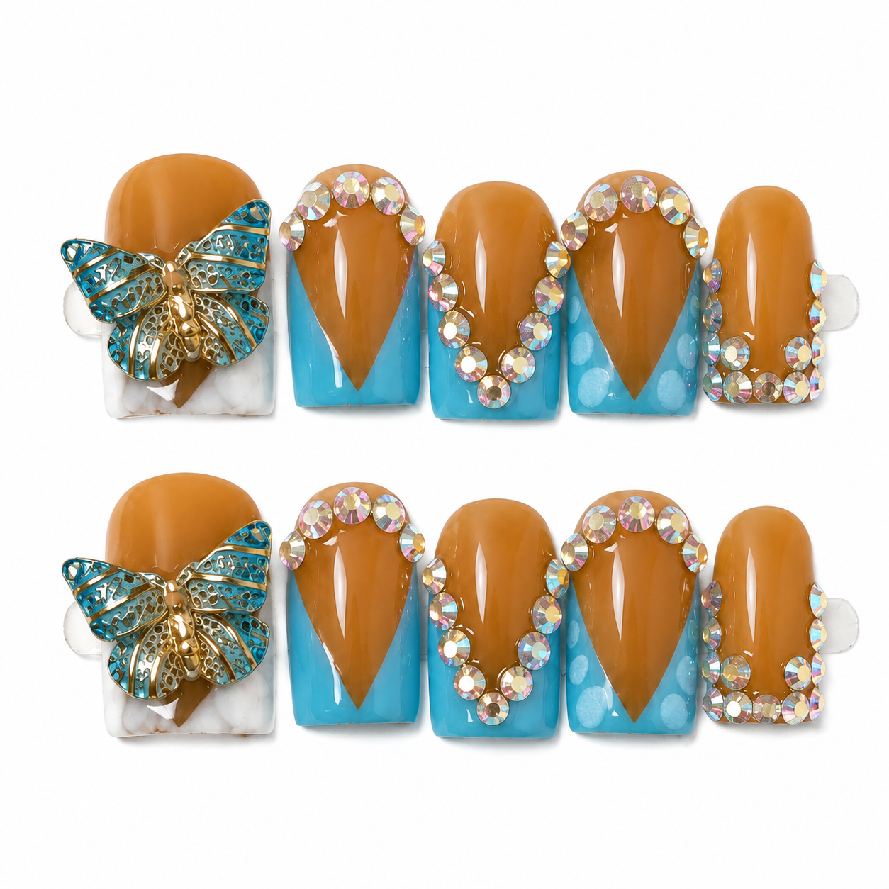 GAGUGAGU Orange Butterfly Teal French Tip Press-On Nails for Summer Vacation, Glossy False Nails for Birthday Party, Date Night and Weekend Style, S M L