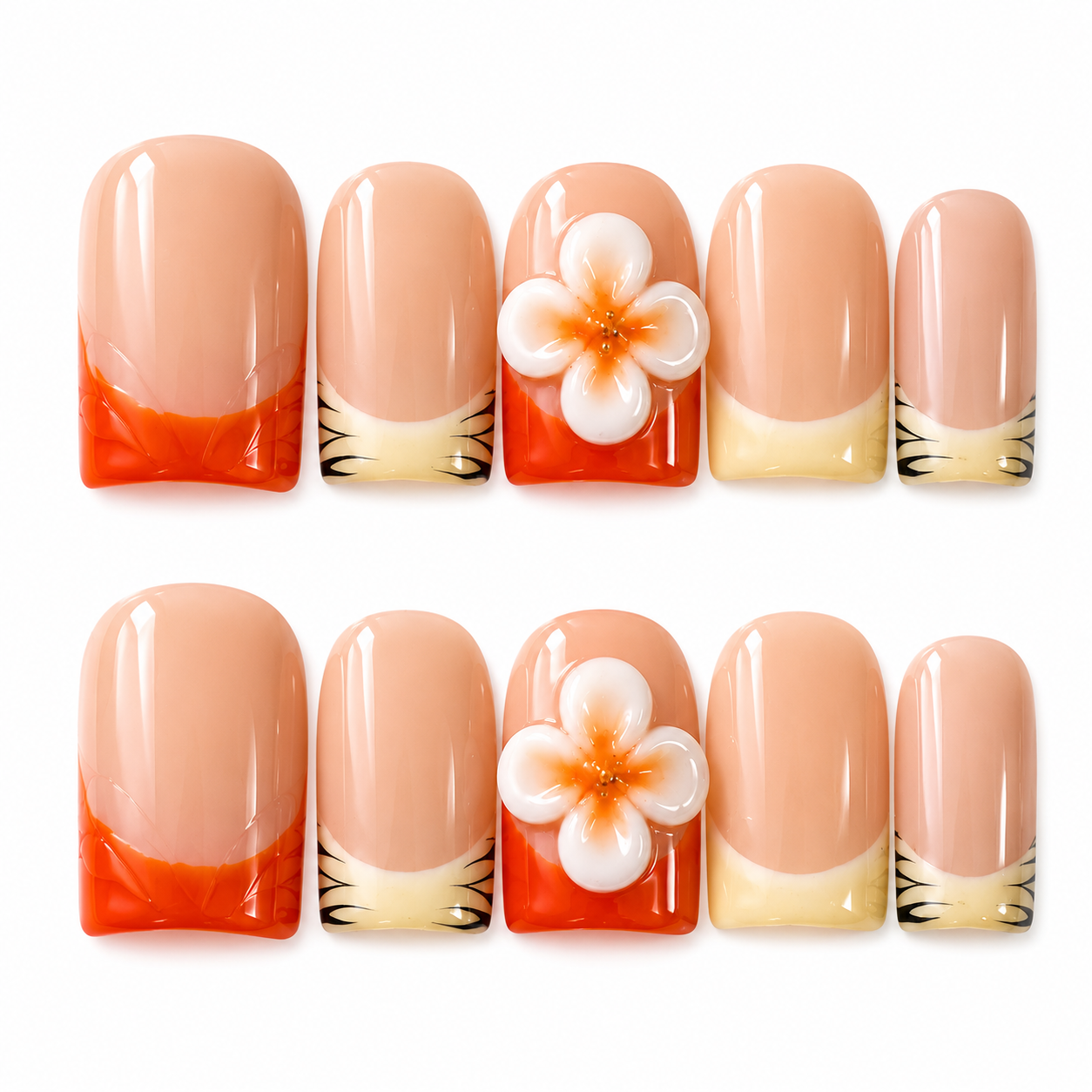 GAGUGAGU Orange Flower French Tip Press-On Nails for Beach Vacation, Glossy False Nails for Birthday Party, Date Night and Weekend Style, S M L