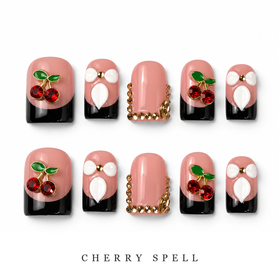GAGUGAGU Cherry Pink Graphic Press-On Nails for Weekend Brunch, Glossy False Nails for Birthday Party, Date Night and Weekend Style, S M L