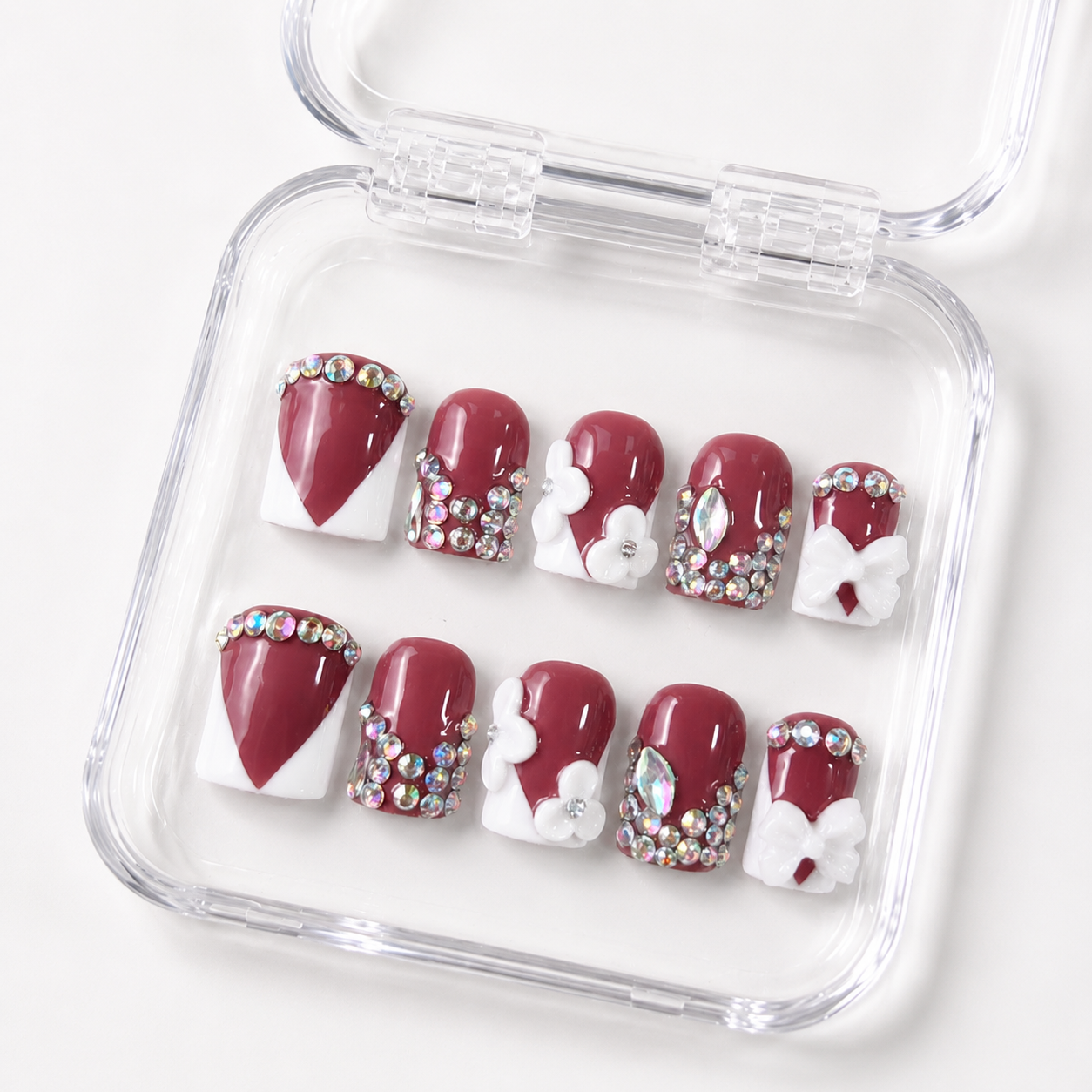 GAGUGAGU Magenta Heart Rhinestone Press-On Nails for Valentine Date, Glossy False Nails for Birthday Party, Date Night and Weekend Style, S M L