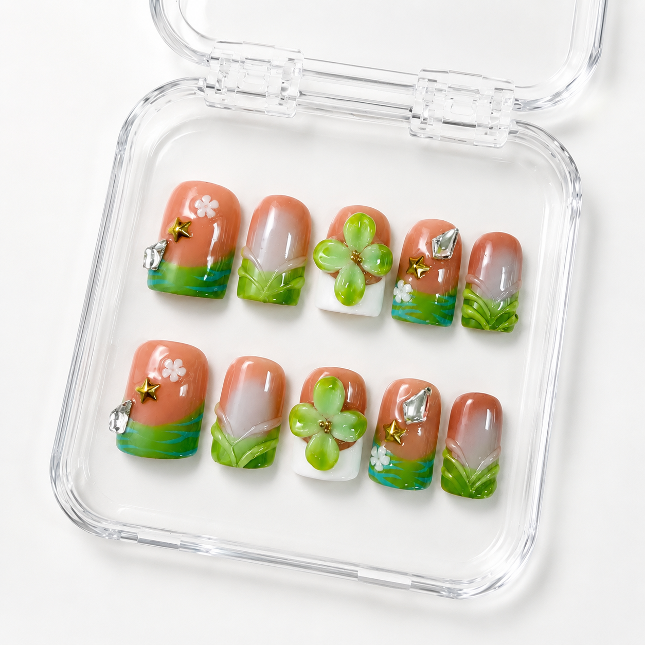 GAGUGAGU Green Floral French Tip Press-On Nails for Garden Parties, Glossy False Nails for Birthday Party, Date Night and Weekend Style, S M L