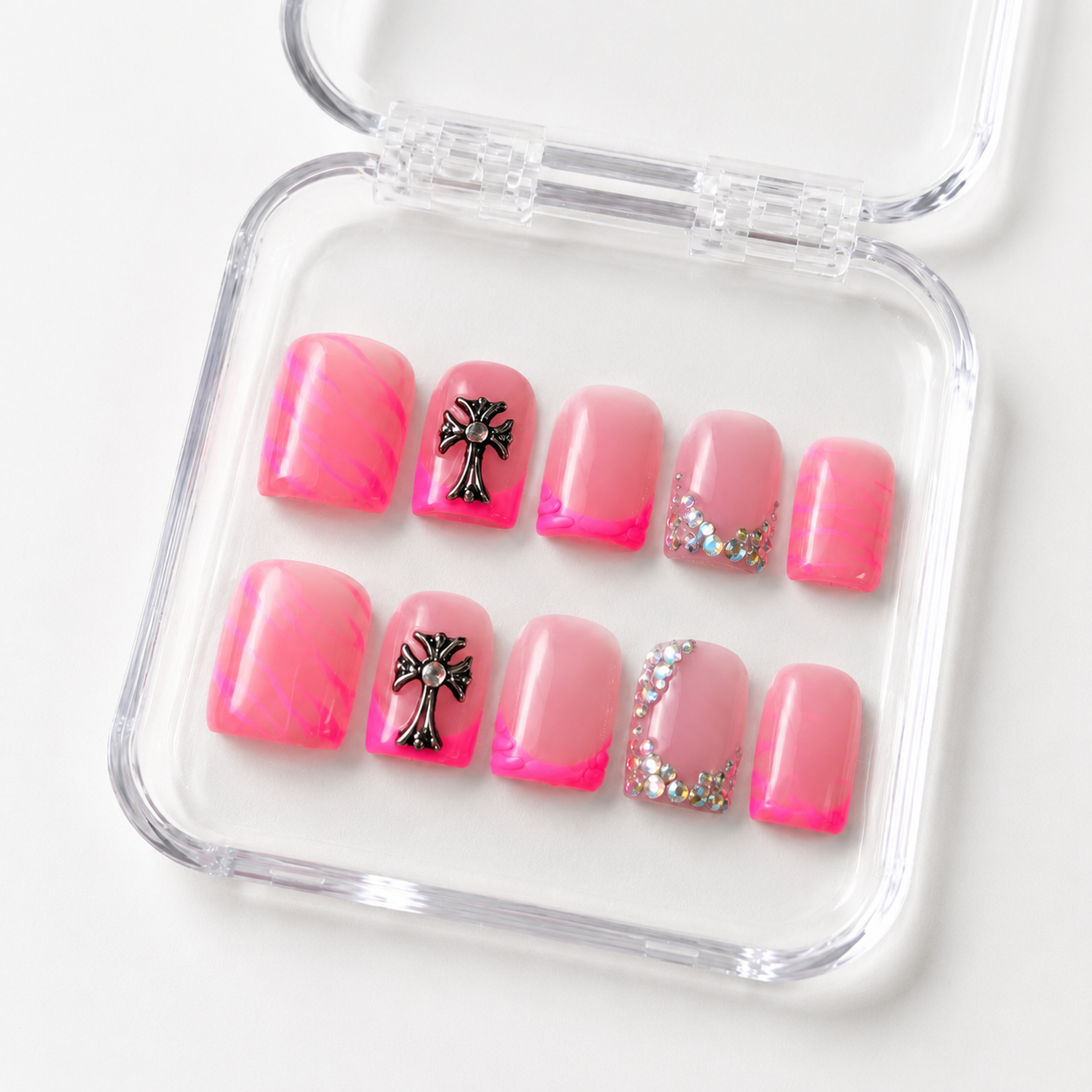 GAGUGAGU Hot Pink Paris Graphic Press-On Nails for City Weekend, Glossy False Nails for Birthday Party, Date Night and Weekend Style, S M L