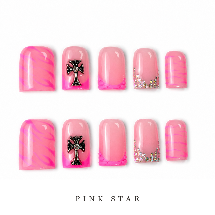 GAGUGAGU Hot Pink Paris Graphic Press-On Nails for City Weekend, Glossy False Nails for Birthday Party, Date Night and Weekend Style, S M L