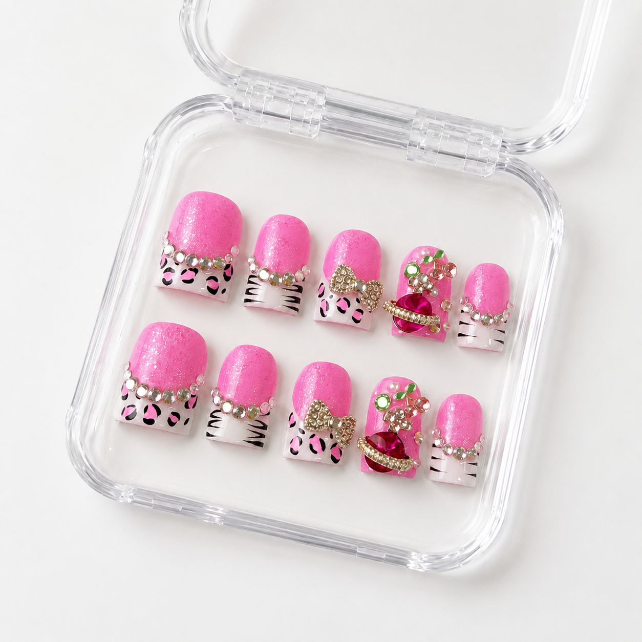 GAGUGAGU Pink Leopard Bow Press-On Nails for Bachelorette Weekend, Glossy False Nails for Birthday Party, Date Night and Weekend Style, S M L