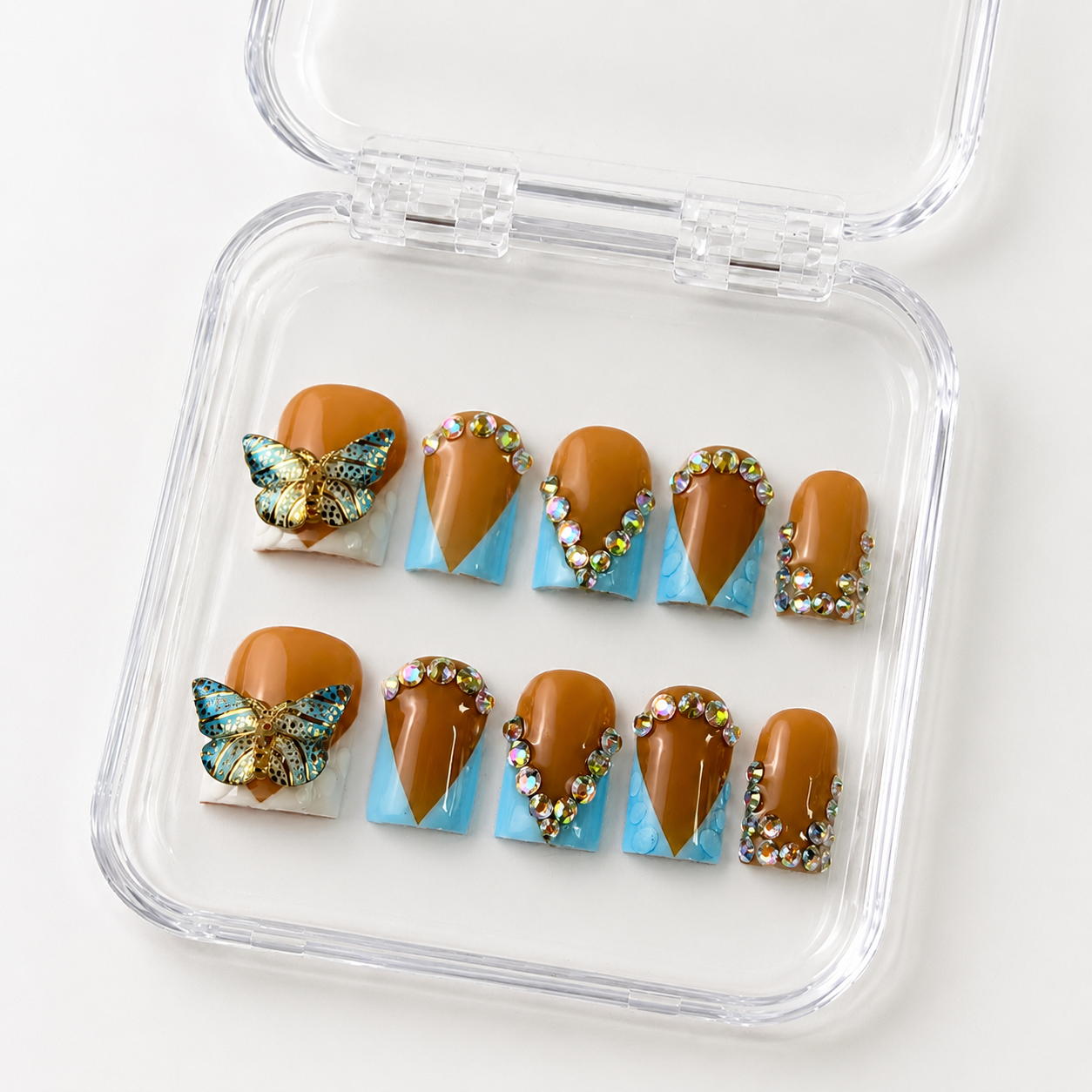 GAGUGAGU Blue Butterfly Orange French Tip Press-On Nails for Summer Holiday, Glossy False Nails for Birthday Party, Date Night and Weekend Style, S M L