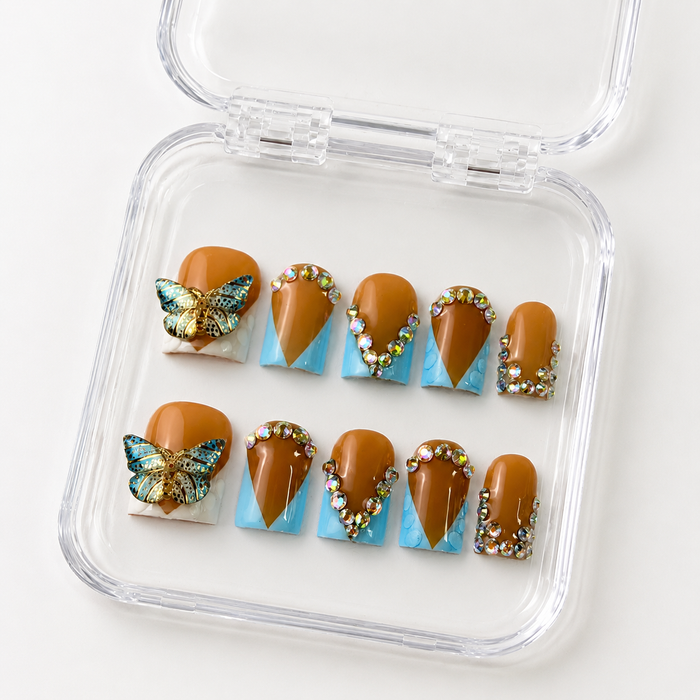 GAGUGAGU Blue Butterfly Orange French Tip Press-On Nails for Summer Holiday, Glossy False Nails for Birthday Party, Date Night and Weekend Style, S M L