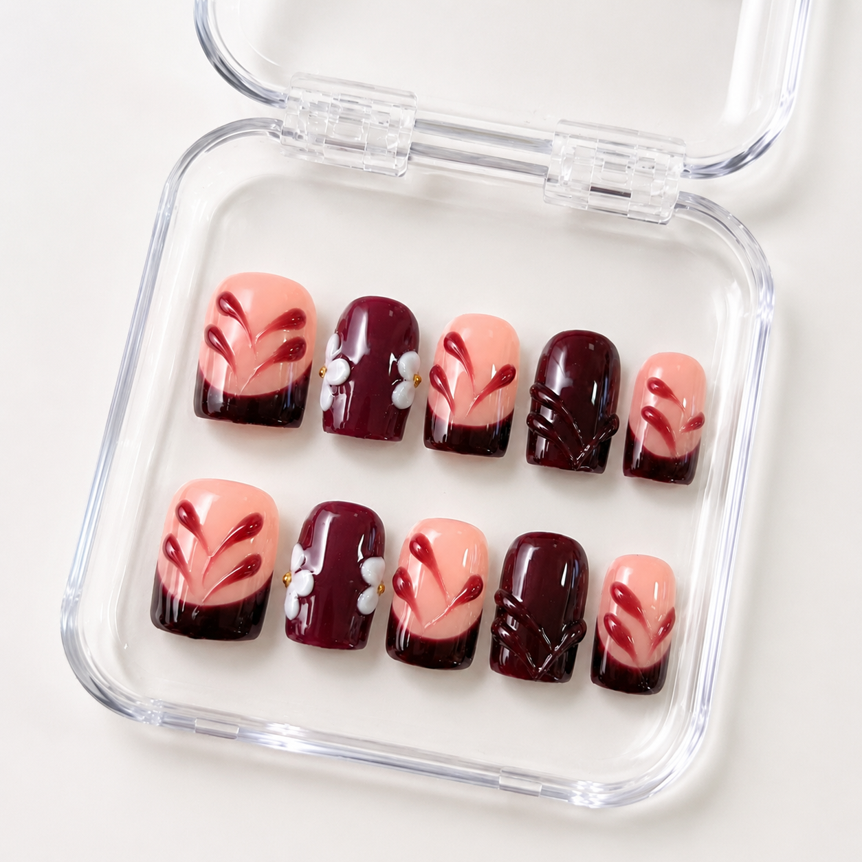 GAGUGAGU Burgundy Bow Heart Press-On Nails for Valentine Dinner, Glossy False Nails for Birthday Party, Date Night and Weekend Style, S M L