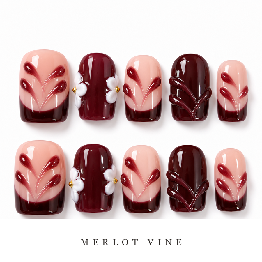 GAGUGAGU Burgundy Bow Heart Press-On Nails for Valentine Dinner, Glossy False Nails for Birthday Party, Date Night and Weekend Style, S M L
