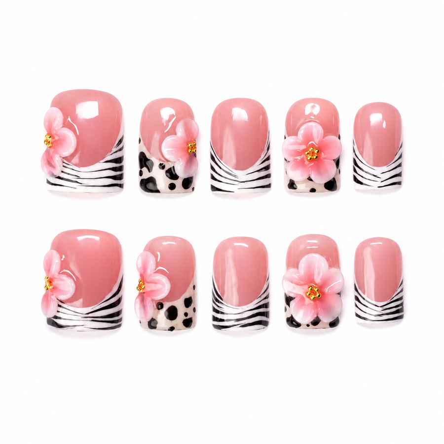GAGUGAGU Pink Daisy French Tip Press-On Nails for Spring Weekend, Glossy False Nails for Birthday Party, Date Night and Weekend Style, S M L