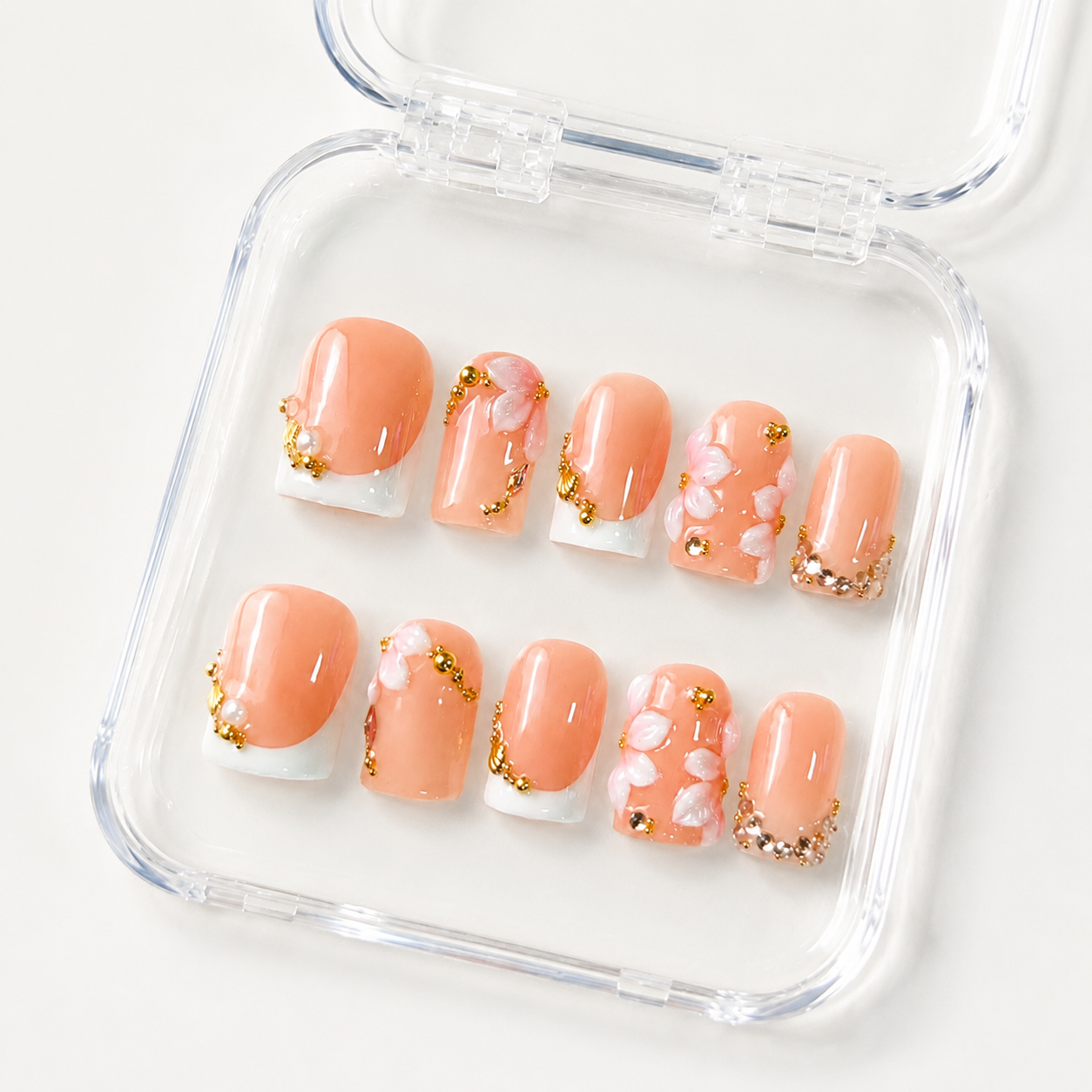GAGUGAGU Peach Crystal Bow Press-On Nails for Bridal Brunch, Glossy False Nails for Birthday Party, Date Night and Weekend Style, S M L