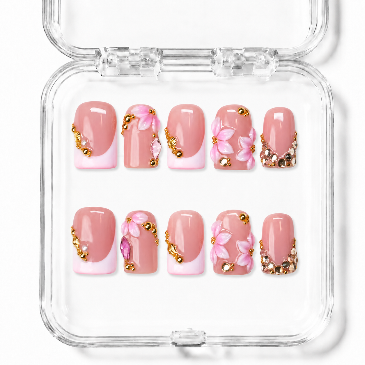GAGUGAGU Pink Pearl Flower Press-On Nails for Tea Party, Glossy False Nails for Birthday Party, Date Night and Weekend Style, S M L