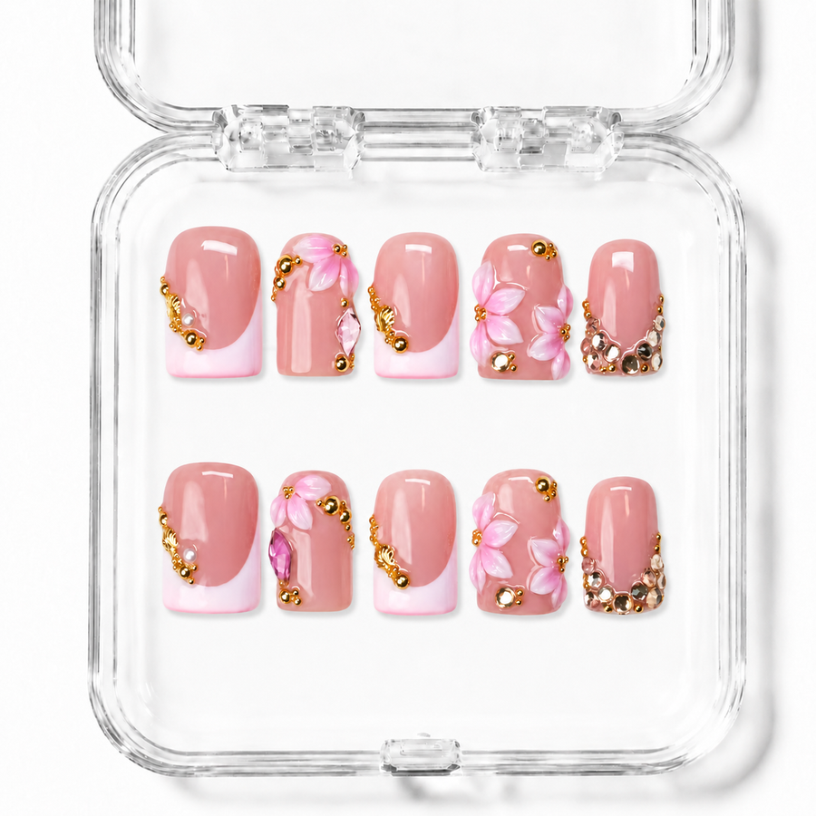 GAGUGAGU Pink Pearl Flower Press-On Nails for Tea Party, Glossy False Nails for Birthday Party, Date Night and Weekend Style, S M L