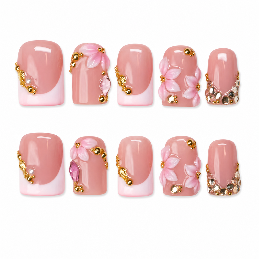 GAGUGAGU Pink Pearl Flower Press-On Nails for Tea Party, Glossy False Nails for Birthday Party, Date Night and Weekend Style, S M L