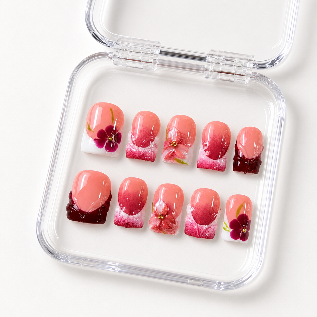 GAGUGAGU Rose Red Bow Press-On Nails for Girls Night Out, Glossy False Nails for Birthday Party, Date Night and Weekend Style, S M L