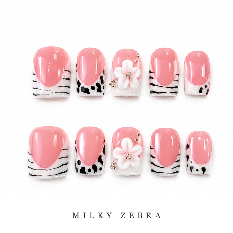 GAGUGAGU Pink Black Bow French Tip Press-On Nails for Evening Party, Glossy False Nails for Birthday Party, Date Night and Weekend Style, S M L