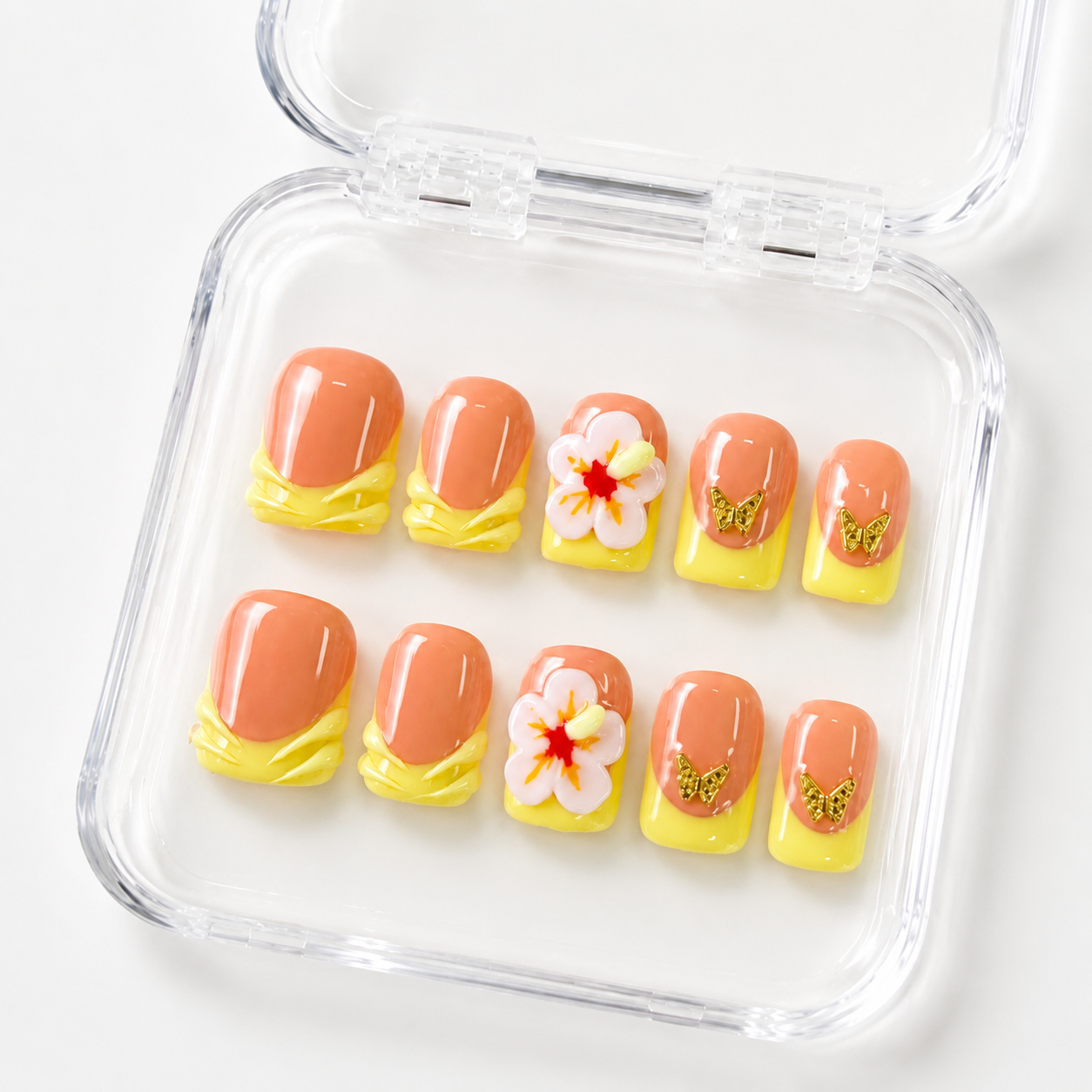 GAGUGAGU Yellow Daisy French Tip Press-On Nails for Summer Picnic, Glossy False Nails for Birthday Party, Date Night and Weekend Style, S M L