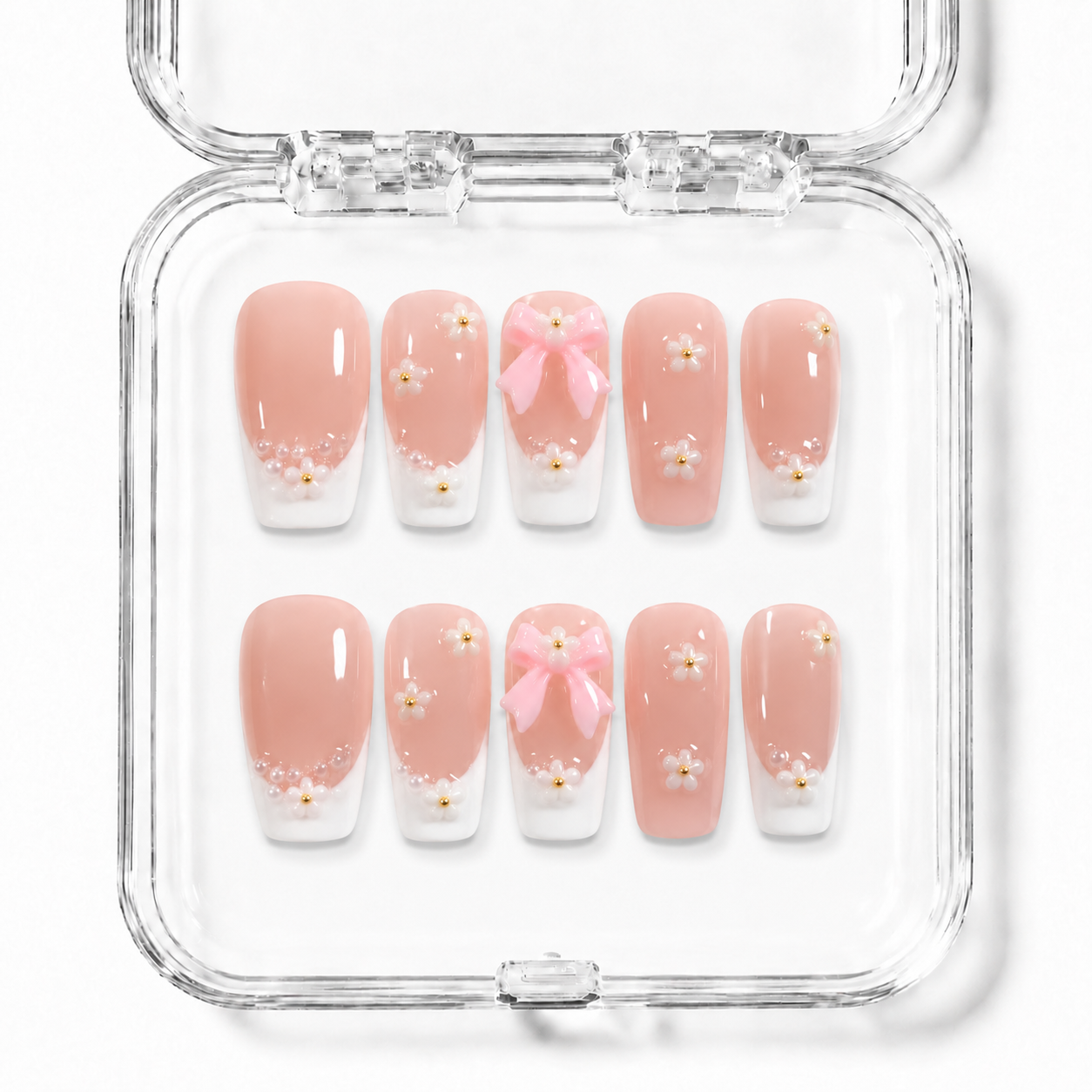 GAGUGAGU White Pearl Blossom Press-On Nails for Bridal Shower, Glossy False Nails for Birthday Party, Date Night and Weekend Style, S M L