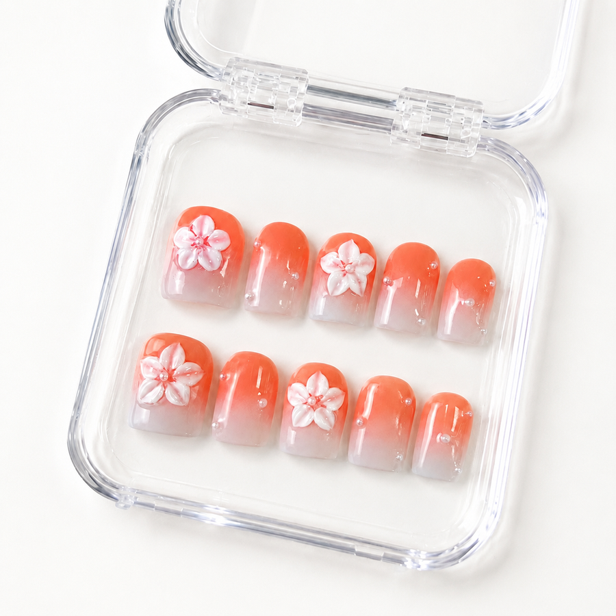 GAGUGAGU Coral Flower Outline Press-On Nails for Summer Brunch, Glossy False Nails for Birthday Party, Date Night and Weekend Style, S M L