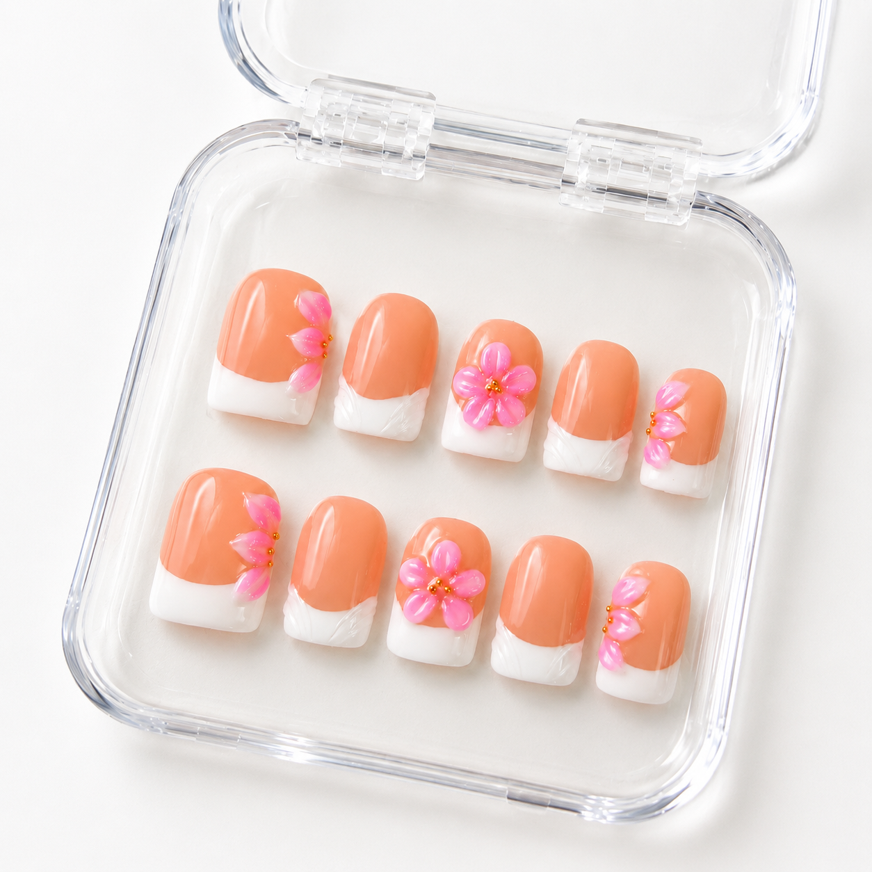 GAGUGAGU Peach Heart Accent Press-On Nails for Everyday Date Night, Glossy False Nails for Birthday Party, Date Night and Weekend Style, S M L