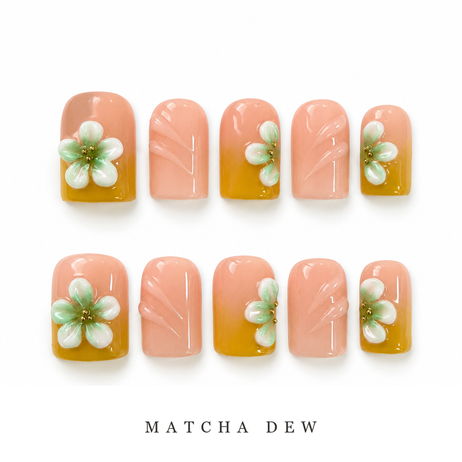 GAGUGAGU Peach Green Flower Press-On Nails for Spring Garden Party, Glossy False Nails for Birthday Party, Date Night and Weekend Style, S M L