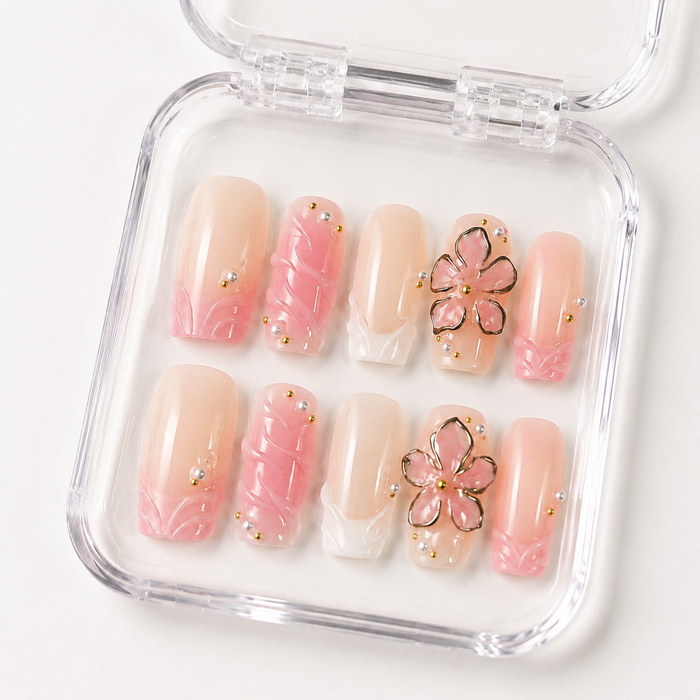 GAGUGAGU Soft Pink Ribbon Press-On Nails for Baby Shower, Glossy False Nails for Birthday Party, Date Night and Weekend Style, S M L
