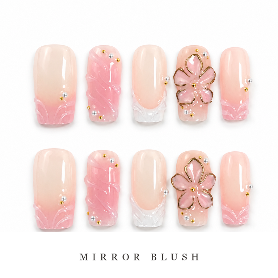 GAGUGAGU Soft Pink Ribbon Press-On Nails for Baby Shower, Glossy False Nails for Birthday Party, Date Night and Weekend Style, S M L