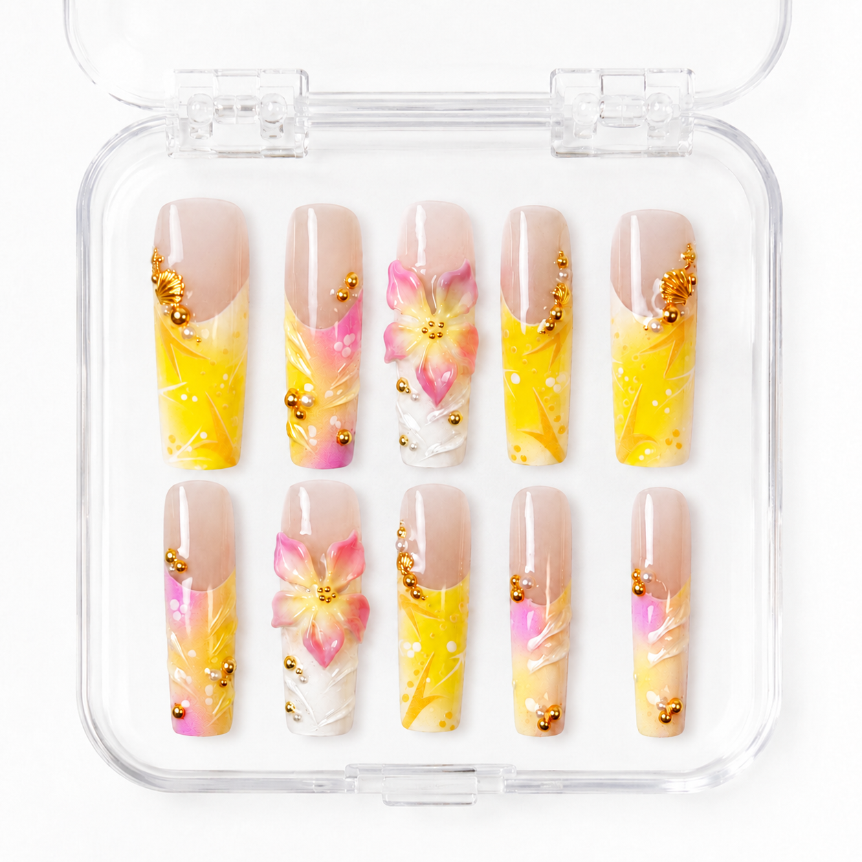 GAGUGAGU Yellow Pink Watercolor Press-On Nails for Summer Wedding, Glossy False Nails for Birthday Party, Date Night and Weekend Style, S M L