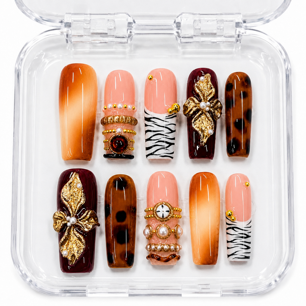 GAGUGAGU Orange Zebra Gold Press-On Nails for Night Out, Glossy False Nails for Birthday Party, Date Night and Weekend Style, S M L