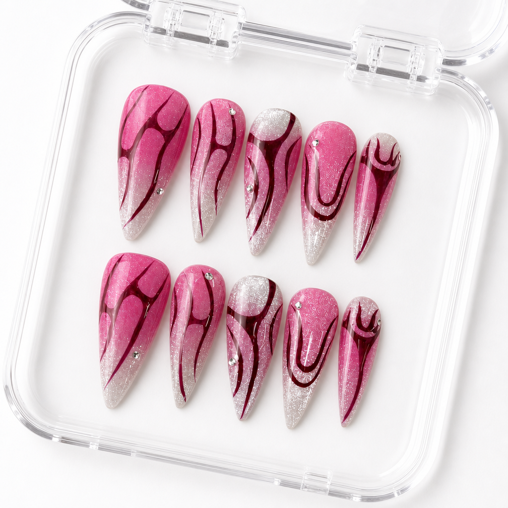 GAGUGAGU Magenta Metallic Stiletto Press-On Nails for Concert Night, Glossy False Nails for Birthday Party, Date Night and Weekend Style, S M L