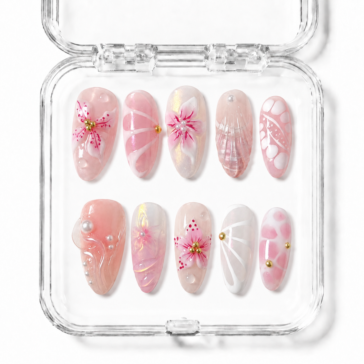 GAGUGAGU Pink Pearl Flower Press-On Nails for Romantic Date Night, Glossy False Nails for Birthday Party, Date Night and Weekend Style, S M L