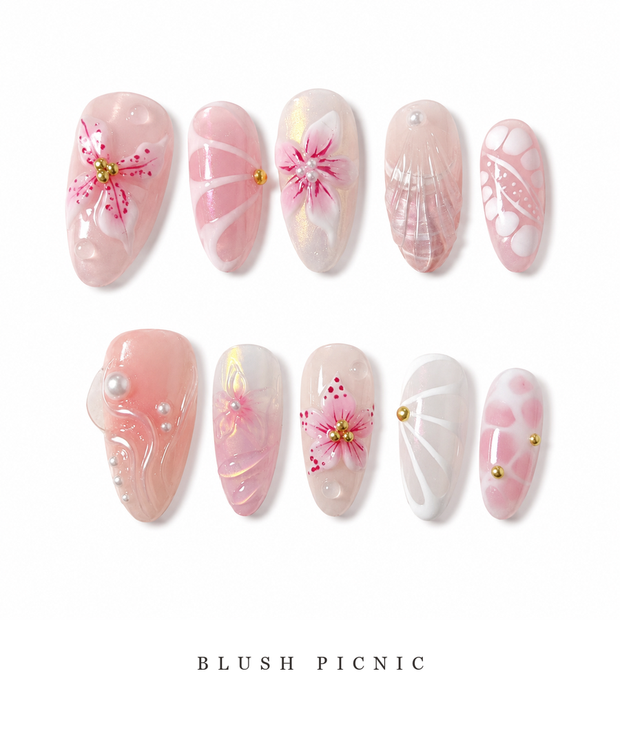 GAGUGAGU Pink Pearl Flower Press-On Nails for Romantic Date Night, Glossy False Nails for Birthday Party, Date Night and Weekend Style, S M L
