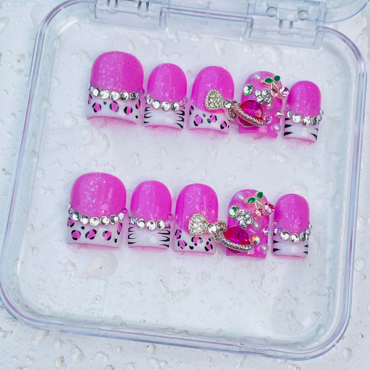 GAGUGAGU Pink Leopard Bow Press-On Nails for Bachelorette Weekend, Glossy False Nails for Birthday Party, Date Night and Weekend Style, S M L