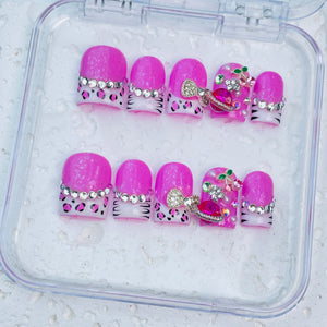 GAGUGAGU Pink Leopard Bow Press-On Nails for Bachelorette Weekend, Glossy False Nails for Birthday Party, Date Night and Weekend Style, S M L