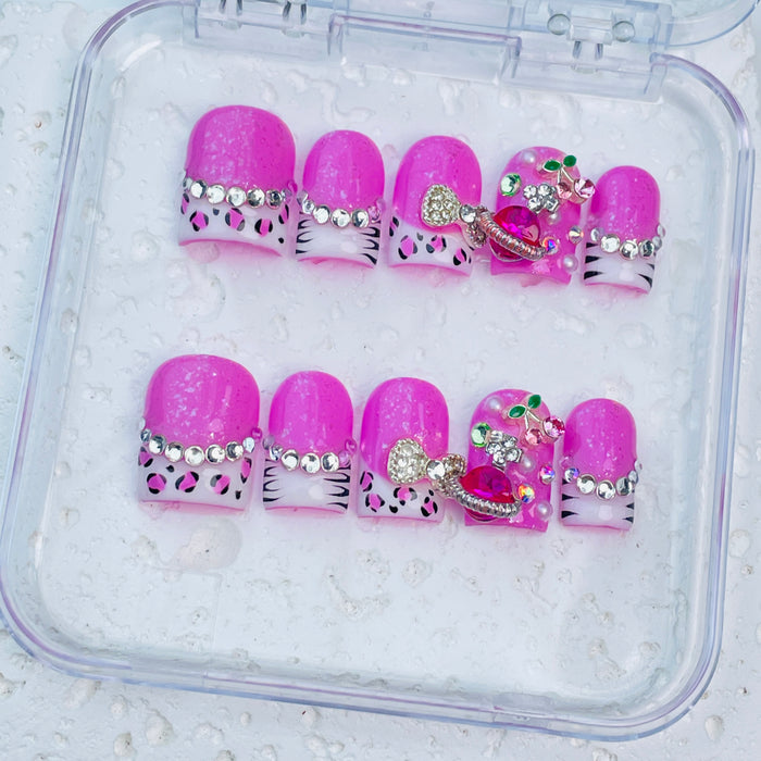 GAGUGAGU Pink Leopard Bow Press-On Nails for Bachelorette Weekend, Glossy False Nails for Birthday Party, Date Night and Weekend Style, S M L