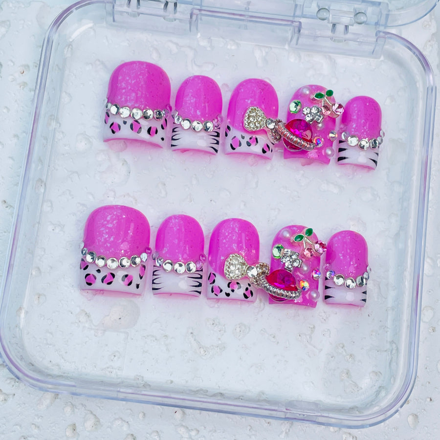 GAGUGAGU Pink Leopard Bow Press-On Nails for Bachelorette Weekend, Glossy False Nails for Birthday Party, Date Night and Weekend Style, S M L