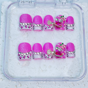 GAGUGAGU Pink Leopard Bow Press-On Nails for Bachelorette Weekend, Glossy False Nails for Birthday Party, Date Night and Weekend Style, S M L