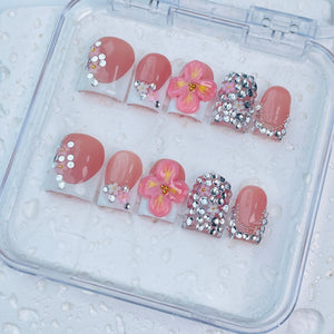 GAGUGAGU Orange Flower French Tip Press-On Nails for Beach Vacation, Glossy False Nails for Birthday Party, Date Night and Weekend Style, S M L