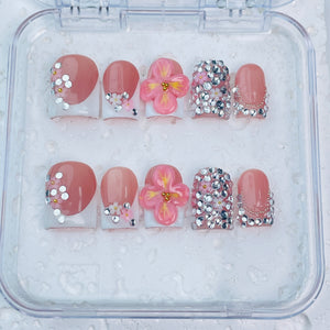 GAGUGAGU Orange Flower French Tip Press-On Nails for Beach Vacation, Glossy False Nails for Birthday Party, Date Night and Weekend Style, S M L