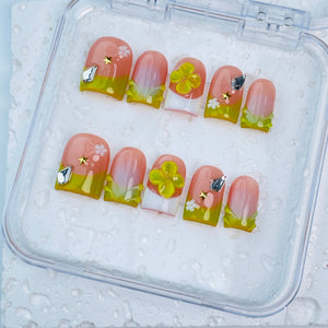 GAGUGAGU Green Floral French Tip Press-On Nails for Garden Parties, Glossy False Nails for Birthday Party, Date Night and Weekend Style, S M L