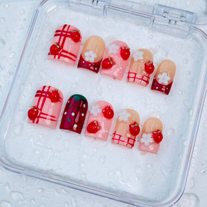 GAGUGAGU Red Cherry French Tip Press-On Nails for Summer Dates, Glossy False Nails for Birthday Party, Date Night and Weekend Style, S M L