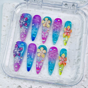 GAGUGAGU Blue Purple Butterfly Stiletto Press-On Nails for Festival Night, Glossy False Nails for Birthday Party, Date Night and Weekend Style, S M L