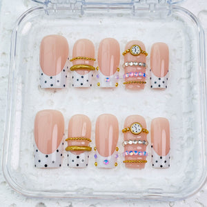 GAGUGAGU Nude Polka Dot Clock Charm Press-On Nails for Birthday Parties, Glossy False Nails for Birthday Party, Date Night and Weekend Style, S M L