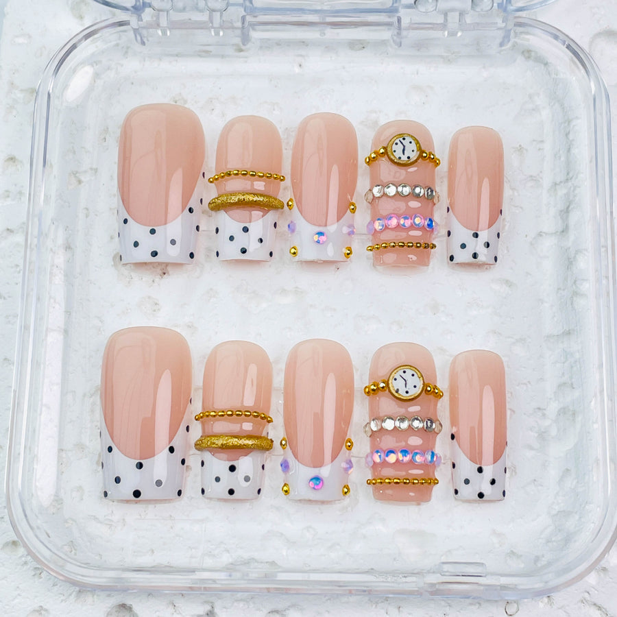 GAGUGAGU Nude Polka Dot Clock Charm Press-On Nails for Birthday Parties, Glossy False Nails for Birthday Party, Date Night and Weekend Style, S M L